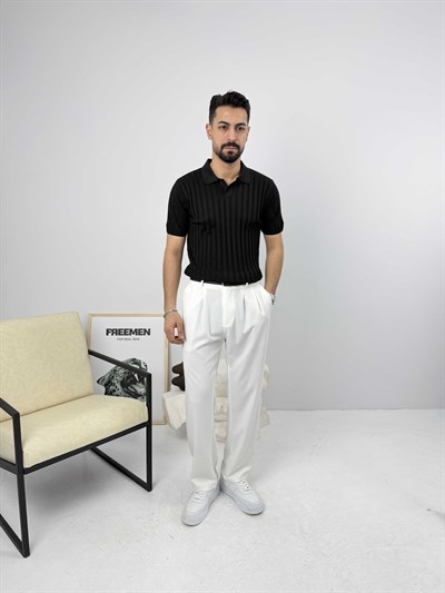 Likralı Apaş Yaka Triko Siyah