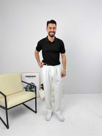 Likralı Apaş Yaka Triko Siyah