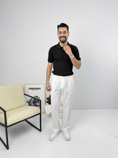 Likralı Apaş Yaka Triko Siyah