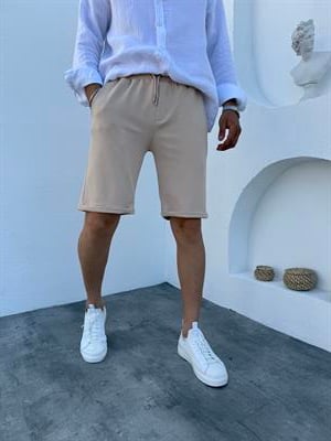 Likralı Krep Şort Bej