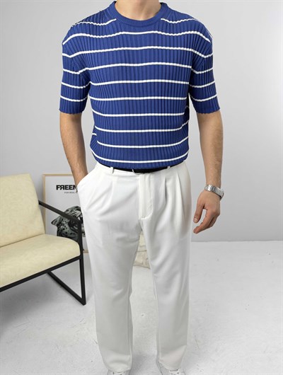 Likralı Lazer Kesim Triko Mavi