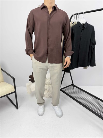 Modal Kumaş Oversize Gömlek Acı Kahve