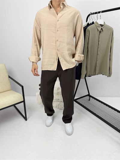 Modal Kumaş Oversize Gömlek Bej