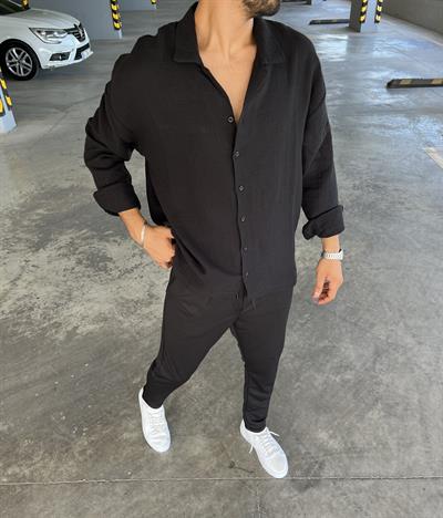 Pamuklu Takım Siyah Müslin Gömlek Siyah Duble Paça Pantolon