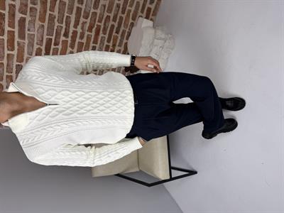 Örgü Detay Yarım Fermuar Triko Kazak Beyaz