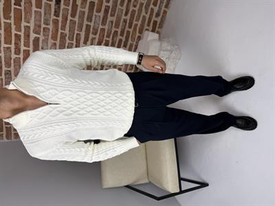 Örgü Detay Yarım Fermuar Triko Kazak Beyaz