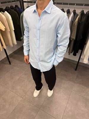 Örgü Detaylı Oversize Keten Gömlek Mavi