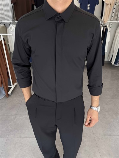 Orijinal Poplin Gizli Düğme Regular Gömlek Siyah