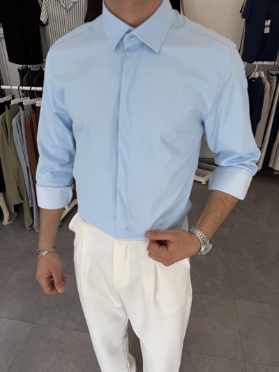 Orijinal Poplin Gizli Düğme Regular Gömlek Bebe Mavi