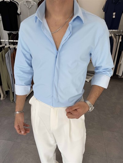 Orijinal Poplin Gizli Düğme Regular Gömlek Bebe Mavi