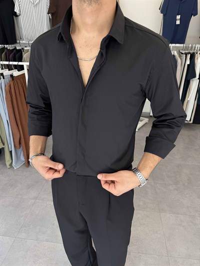 Orijinal Poplin Gizli Düğme Regular Gömlek Siyah