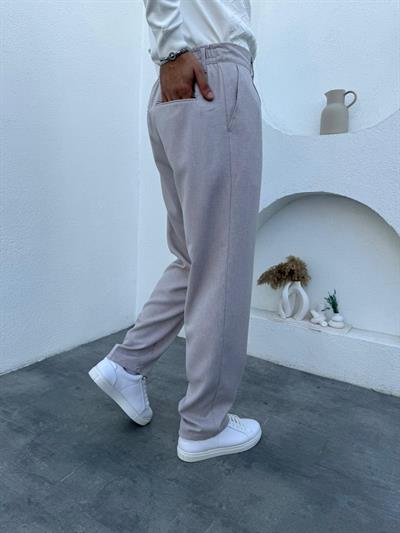 Örme Kumaş Bel Yarım Lastik Tek Pileli Kumaş Pantolon Bej