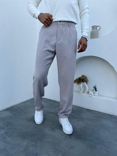 Örme Kumaş Bel Yarım Lastik Tek Pileli Kumaş Pantolon Bej