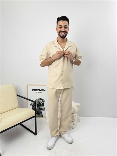 Oversize Duble Gömlek Takım Bej