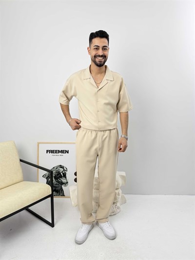 Oversize Duble Gömlek Takım Bej