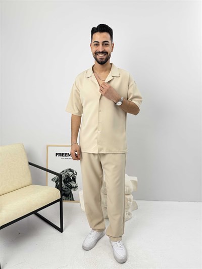 Oversize Duble Gömlek Takım Bej