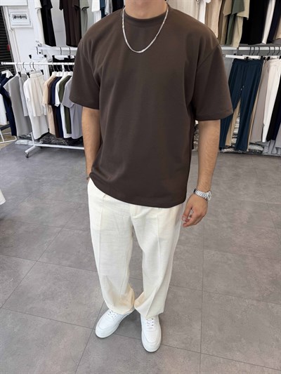Oversize Duble Örme Tişört Kahve