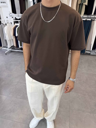 Oversize Duble Örme Tişört Kahve