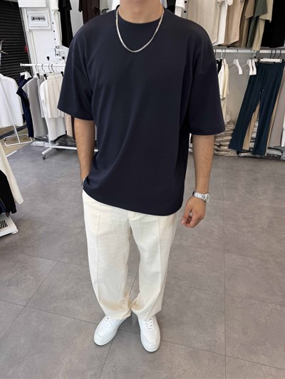 Oversize Duble Örme Tişört Lacivert