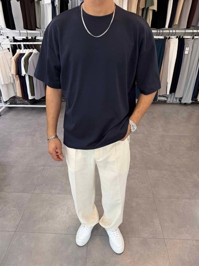 Oversize Duble Örme Tişört Lacivert