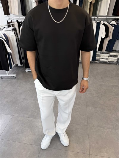 Oversize Duble Örme Tişört Siyah