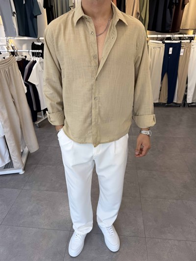 Oversize Flamlı Keten Gömlek Bej