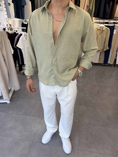 Oversize Flamlı Keten Gömlek Haki