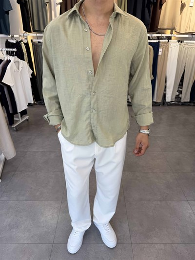 Oversize Flamlı Keten Gömlek Haki