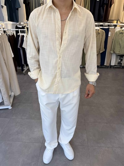 Oversize Flamlı Keten Gömlek Krem