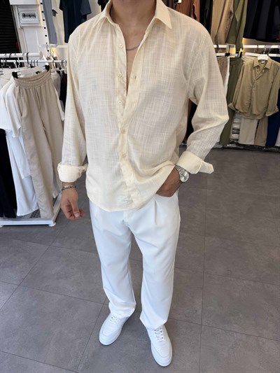 Oversize Flamlı Keten Gömlek Krem