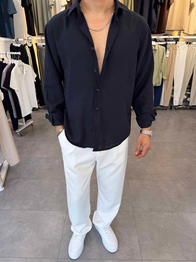 Oversize Flamlı Keten Gömlek Lacivert