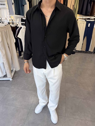 Oversize Flamlı Keten Gömlek Siyah