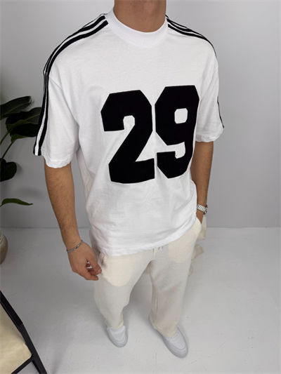 Oversize Kalıp Şerit Detaylı Tişört Beyaz