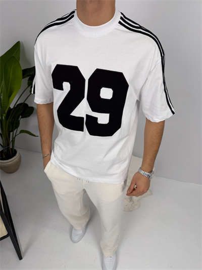 Oversize Kalıp Şerit Detaylı Tişört Beyaz