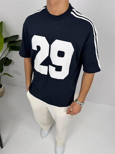 Oversize Kalıp Şerit Detaylı Tişört Lacivert