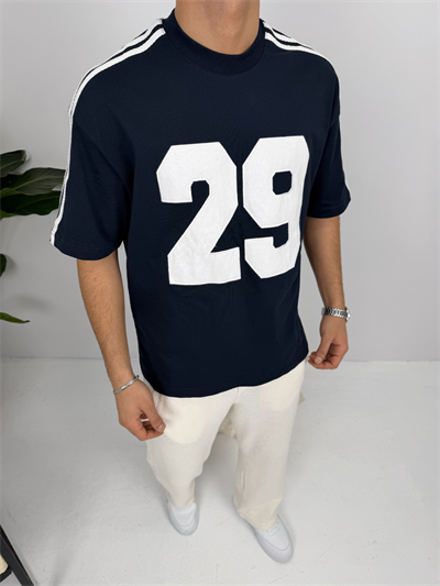 Oversize Kalıp Şerit Detaylı Tişört Lacivert