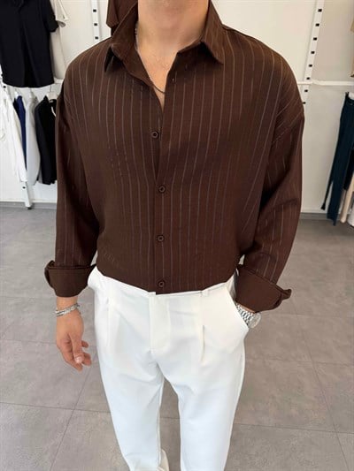 Oversize Kendinden Desenli Keten Gömlek Acı Kahve