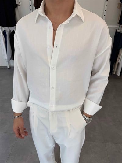 Oversize Kendinden Desenli Keten Gömlek Beyaz