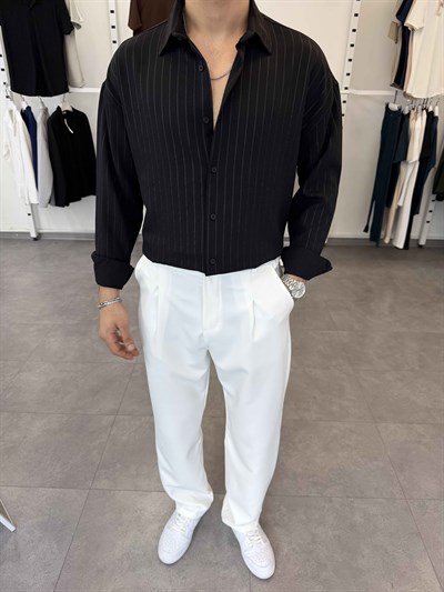 Oversize Kendinden Desenli Keten Gömlek Siyah