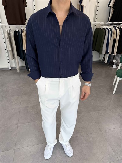 Oversize Kendinden Desenli Keten Gömlek Lacivert