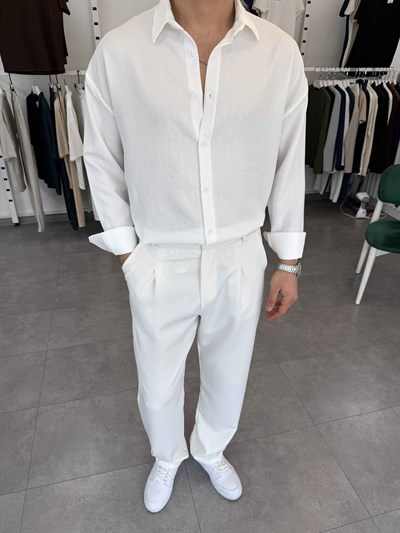 Oversize Kendinden Desenli Keten Gömlek Beyaz