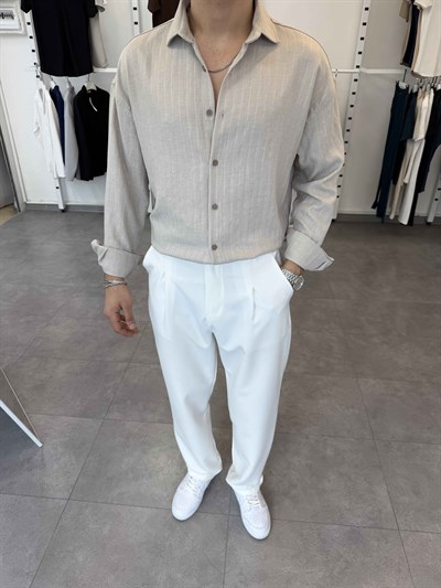 Oversize Kendinden Desenli Keten Gömlek Bej