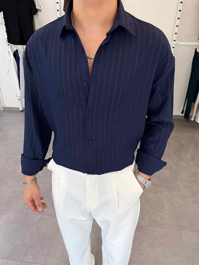 Oversize Kendinden Desenli Keten Gömlek Lacivert