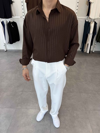 Oversize Kendinden Desenli Keten Gömlek Acı Kahve