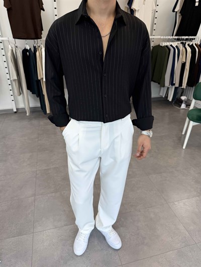 Oversize Kendinden Desenli Keten Gömlek Siyah