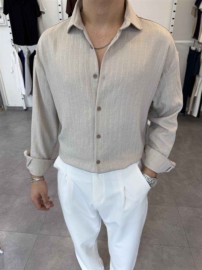 Oversize Kendinden Desenli Keten Gömlek Bej