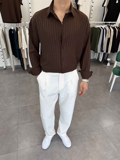 Oversize Kendinden Desenli Keten Gömlek Acı Kahve