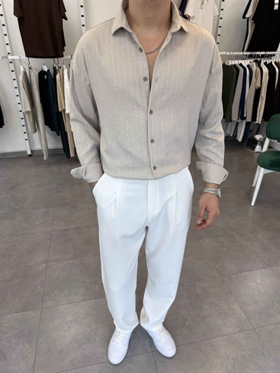 Oversize Kendinden Desenli Keten Gömlek Bej