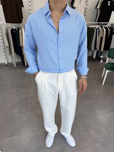 Oversize Kendinden Desenli Keten Gömlek Bebe Mavi