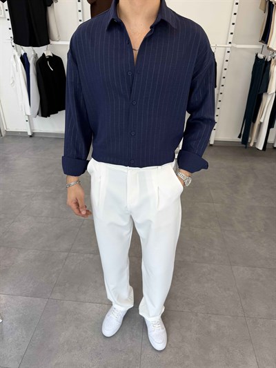 Oversize Kendinden Desenli Keten Gömlek Lacivert